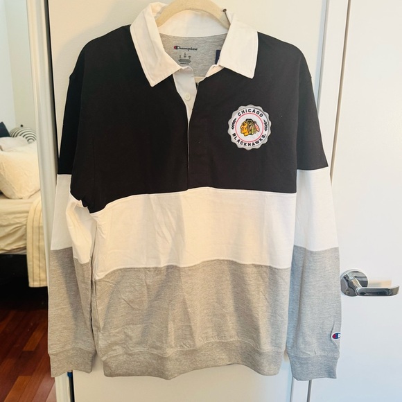 CHICAGO BLACKHAWKS CHAMPION logo striped color block rugby shirt NWT - Picture 1 of 4